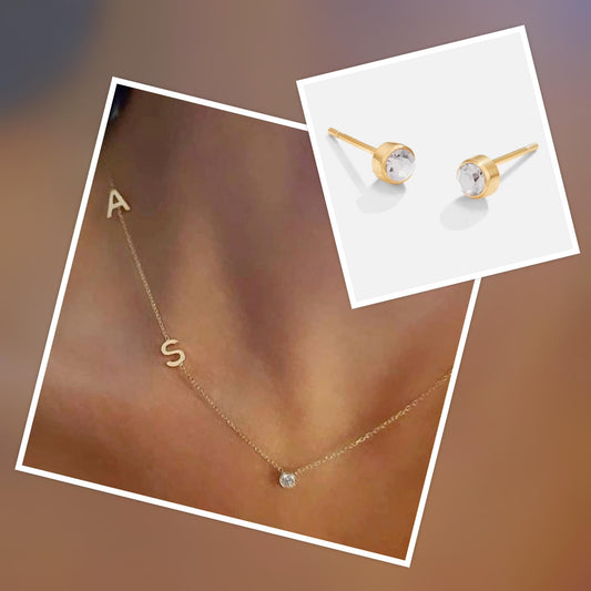 Комплект колие с две букви по избор и обеци с цирконии подарък