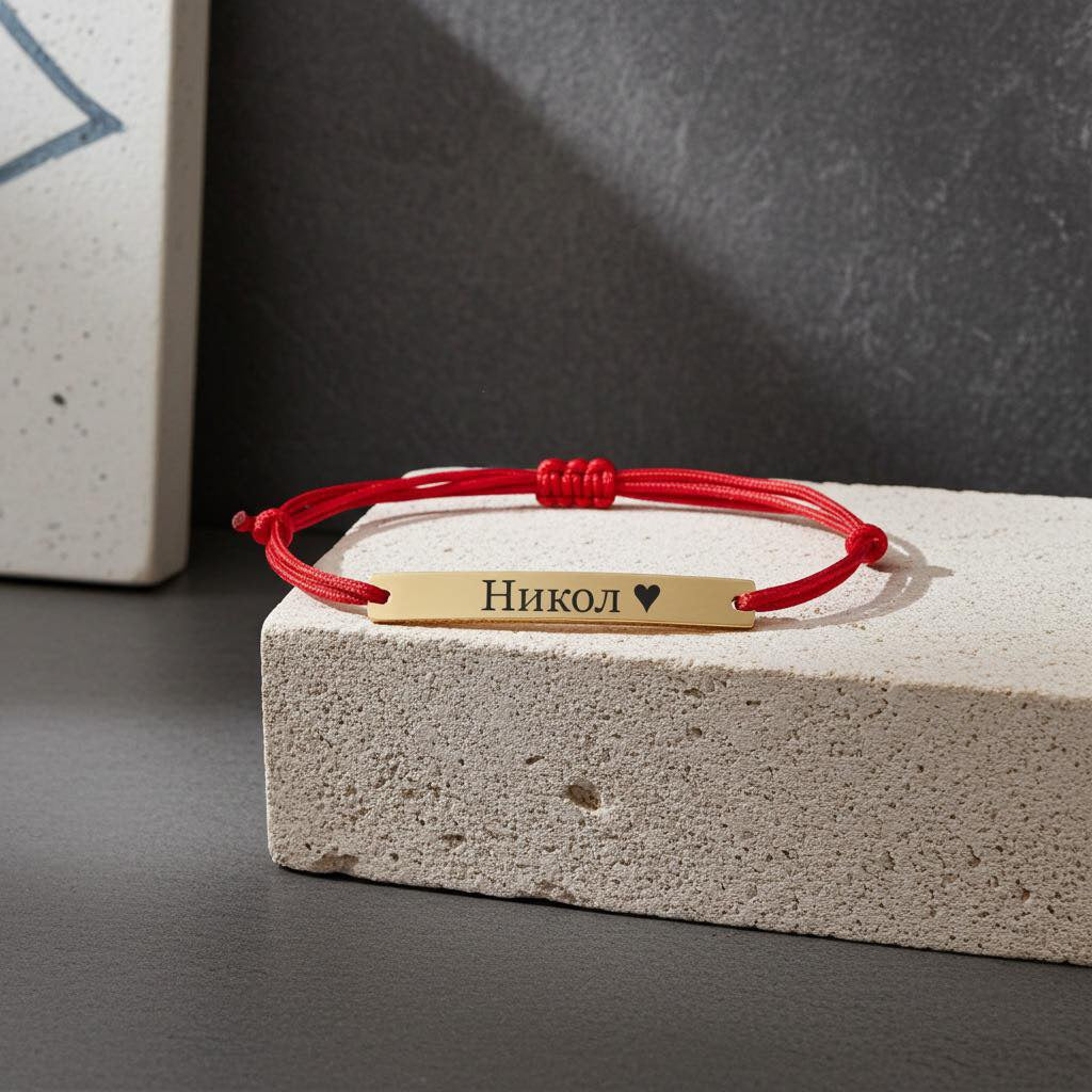 гравирана гривна с име и червен конец подарък