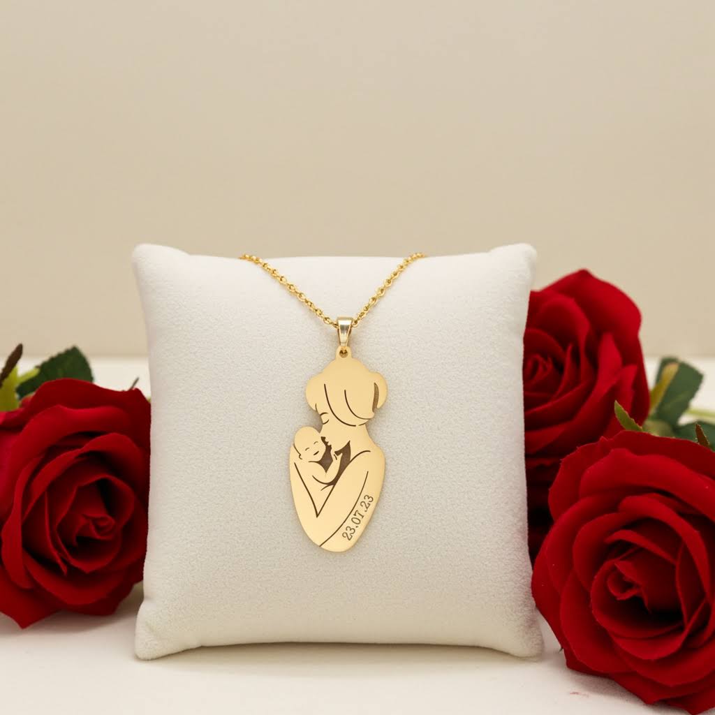 гравирано колие майка с бебе с дата подарък